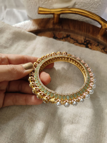 Amrapali mint green polki and pearl openable bangle, front view