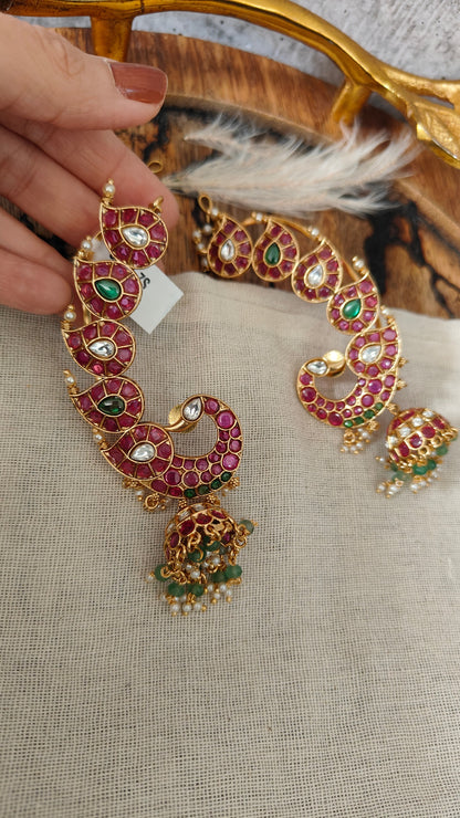 Ruby Green Crescent Jhumka Earrings