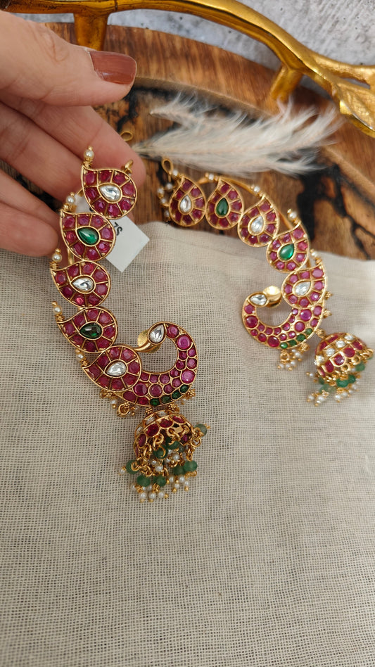 Ruby Green Crescent Jhumka Earrings