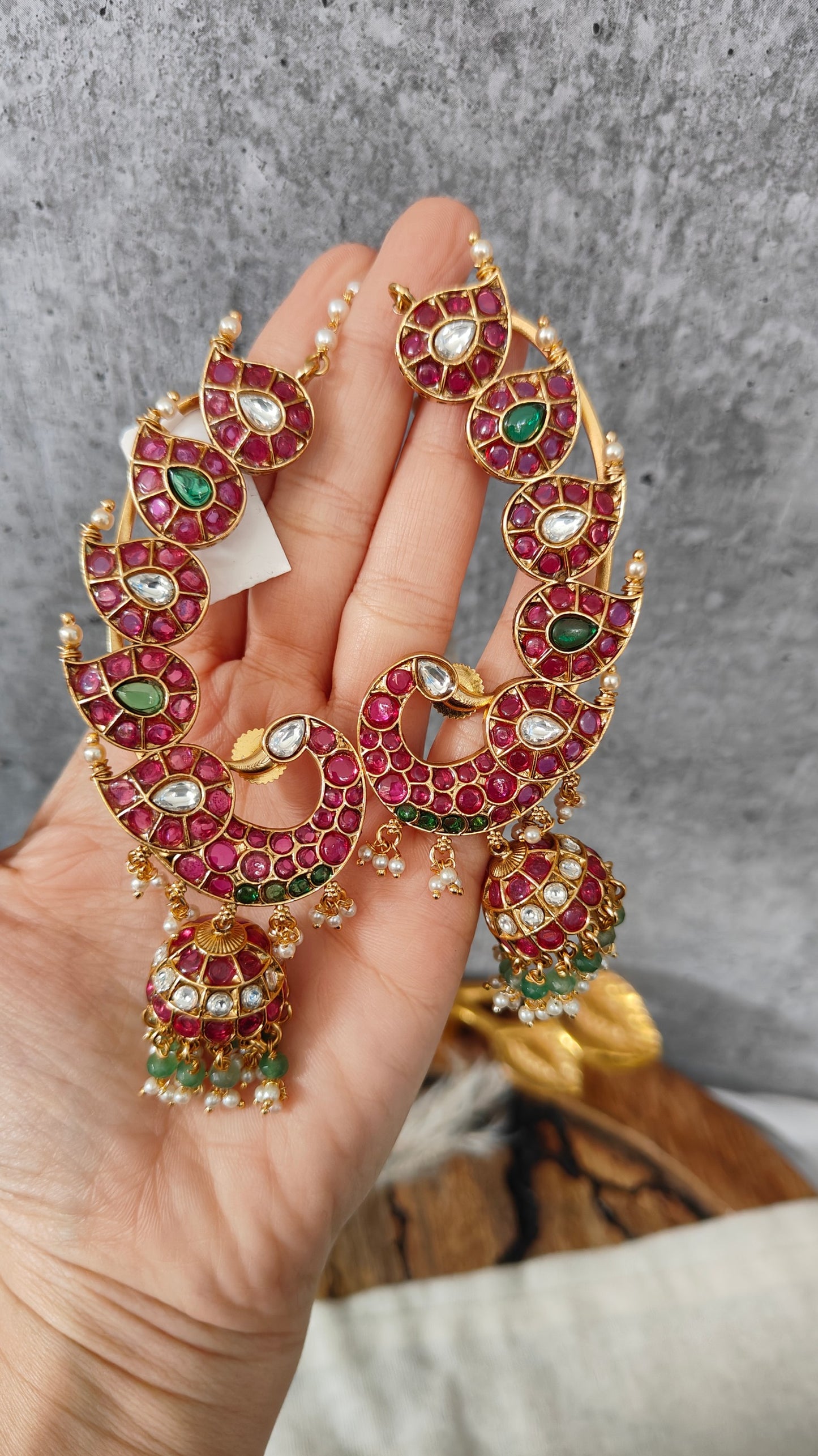 Ruby Green Crescent Jhumka Earrings