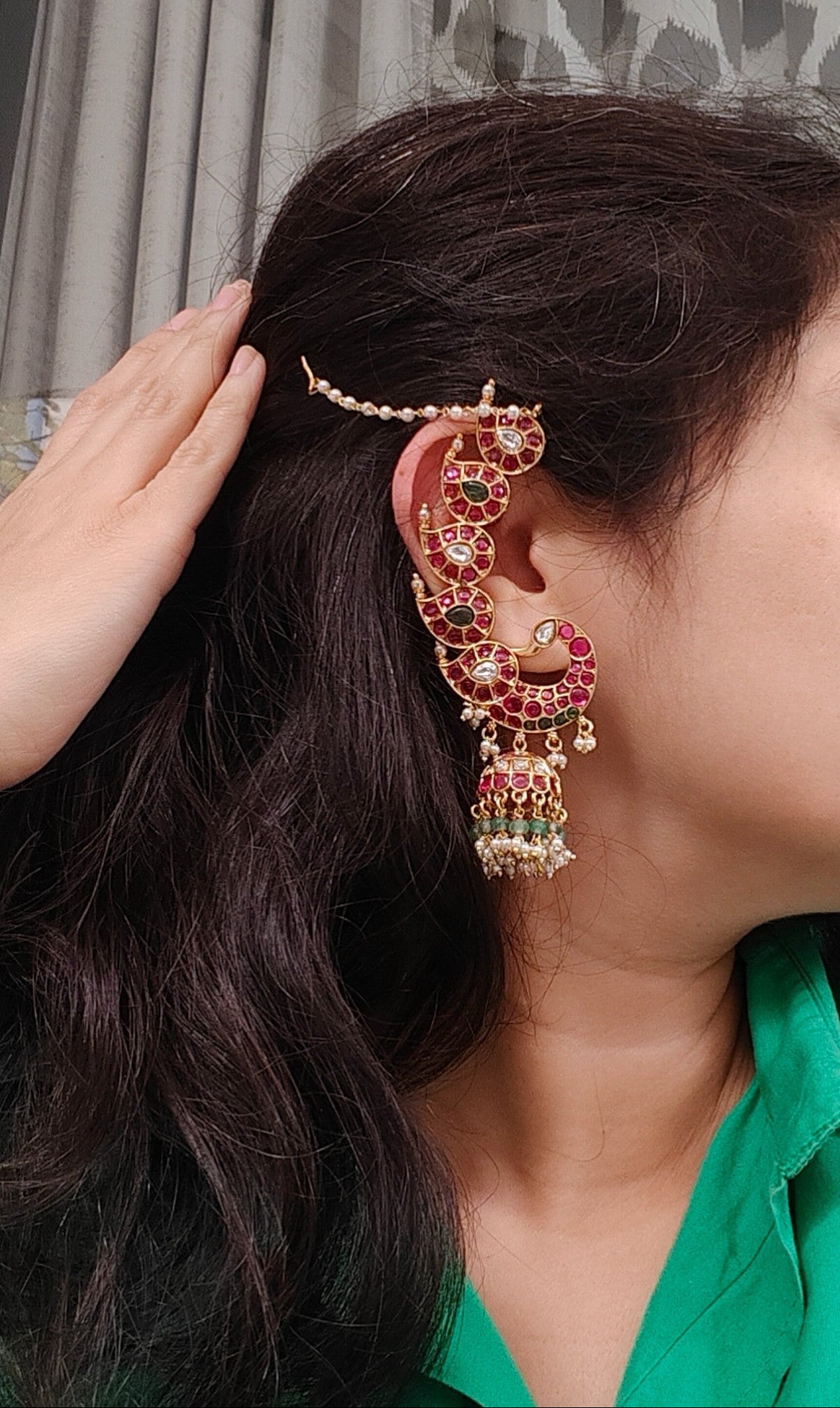 Ruby Green Crescent Jhumka Earrings