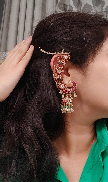 Ruby Green Crescent Jhumka Earrings
