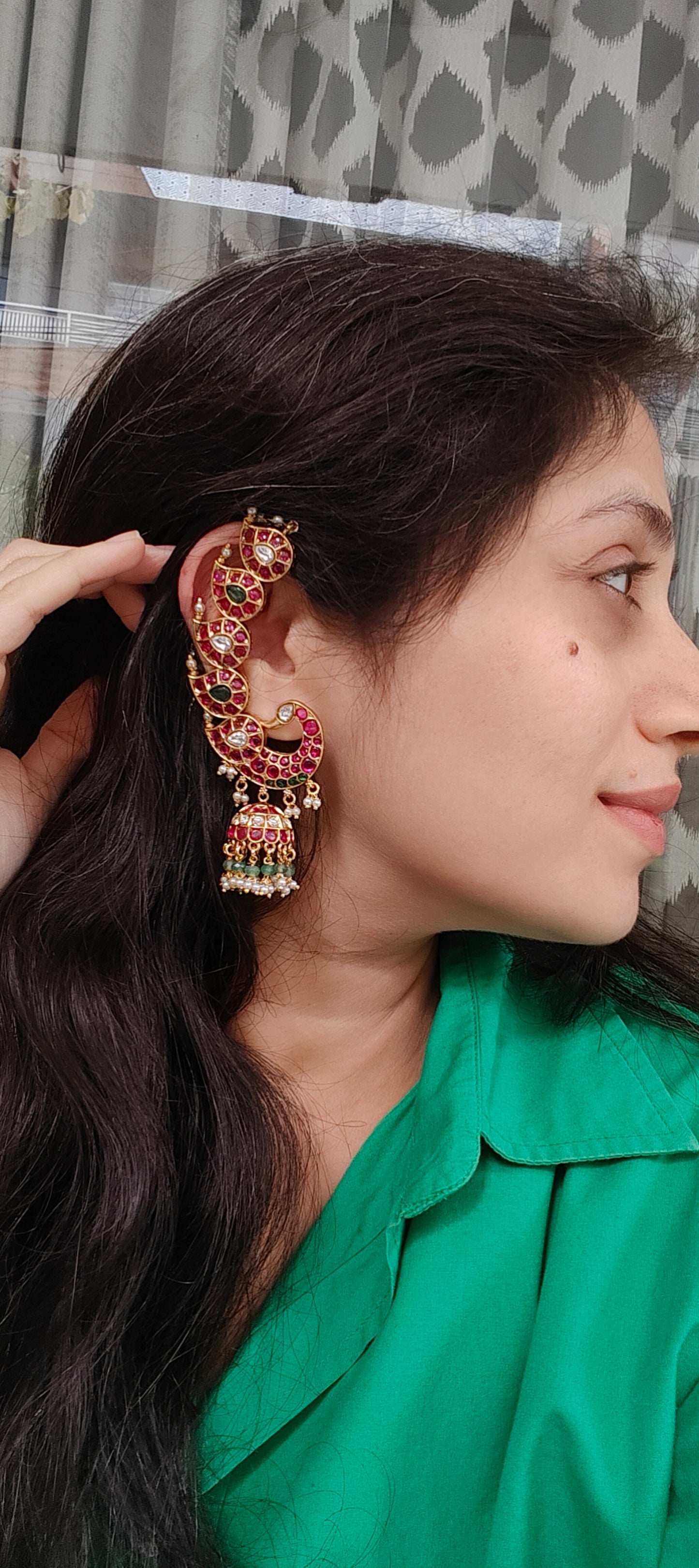 Ruby Green Crescent Jhumka Earrings