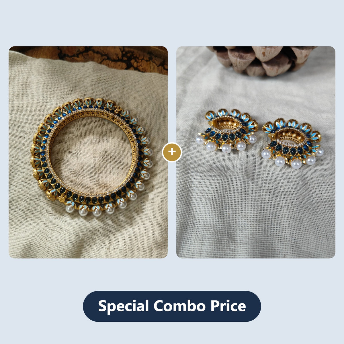 Amrapali blue polki bangle and chandbali earrings combo at a special combo price