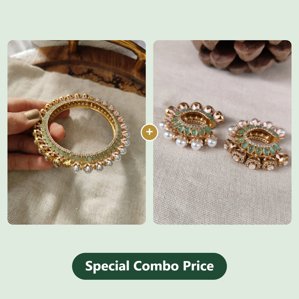 Amrapali green polki bangle and chandbali earrings combo at a special combo price