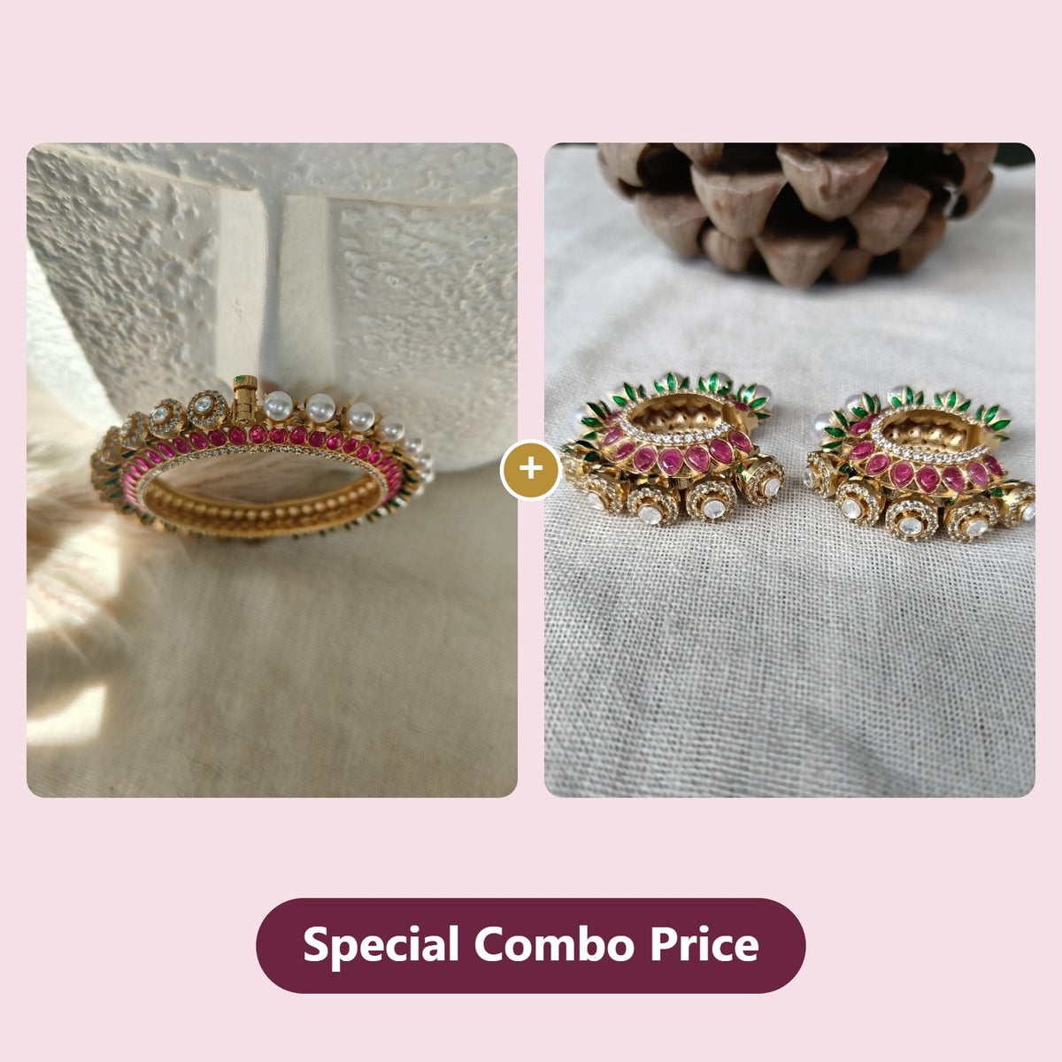 Amrapali pink polki bangle and chandbali earrings combo at a special combo price
